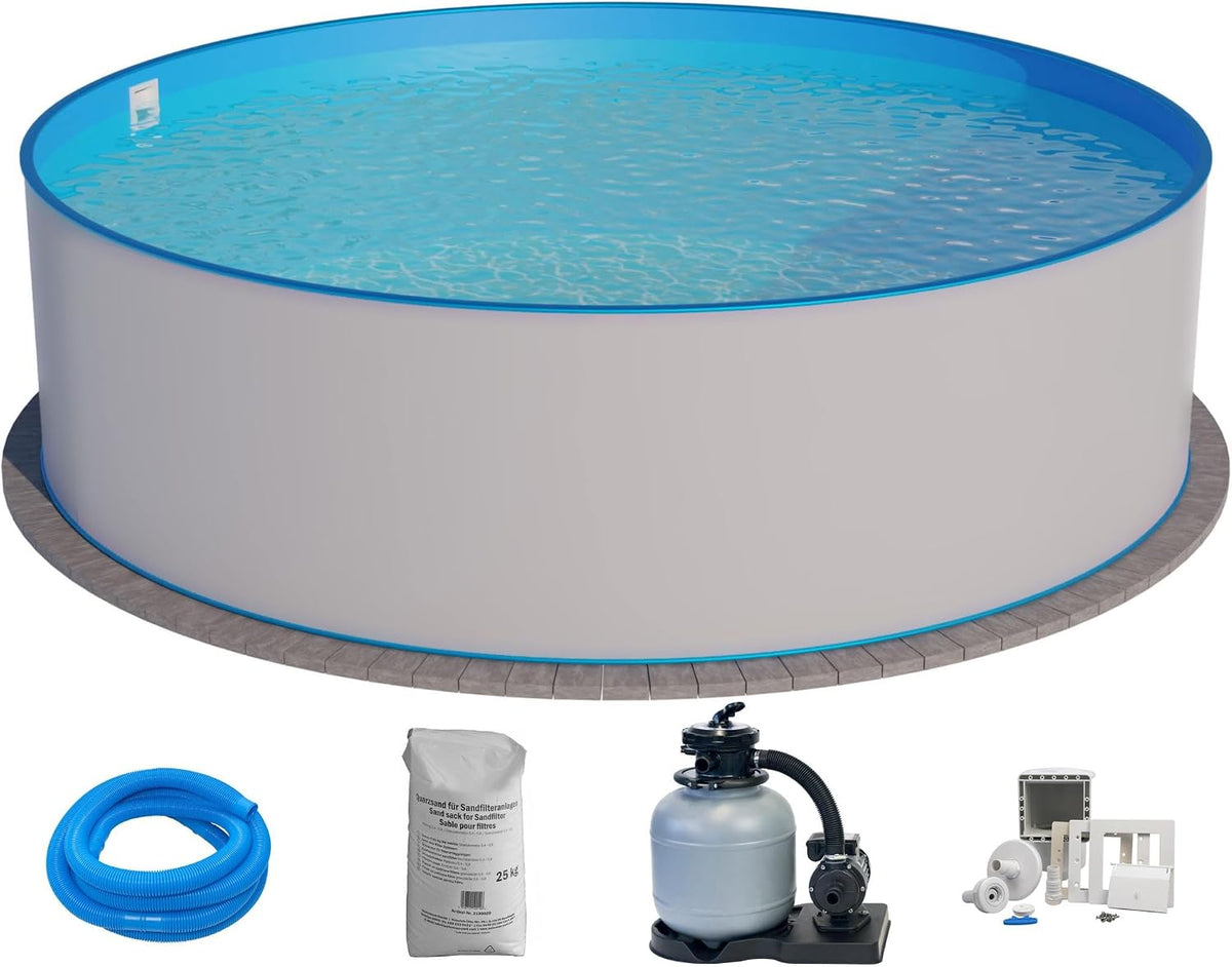 Planet Pool Stahlwandpool Set rund Brasilia 300x120 cm, Stahl 0,6 mm weiß, Folie 0,6 mm blau, Einhängebiese