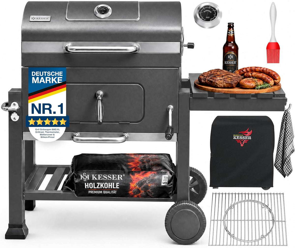 KESSER Holzkohlegrill XL Grillwagen Set mit Deckel & Thermometer, Smoker Grill, Standgrill mit Grillrost, BBQ Kohlegrill Wagen, Rädern