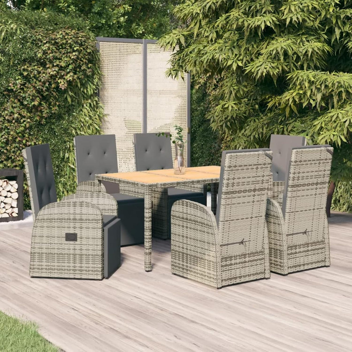 IKAYAA Gartenmöbel Set 6 Verstellbare Hochlehner Stühlen mit Tisch Garten sitzgruppe 6 Personen Sitzgruppe Outdoor wetterfest Rattan Sitzgruppe 6