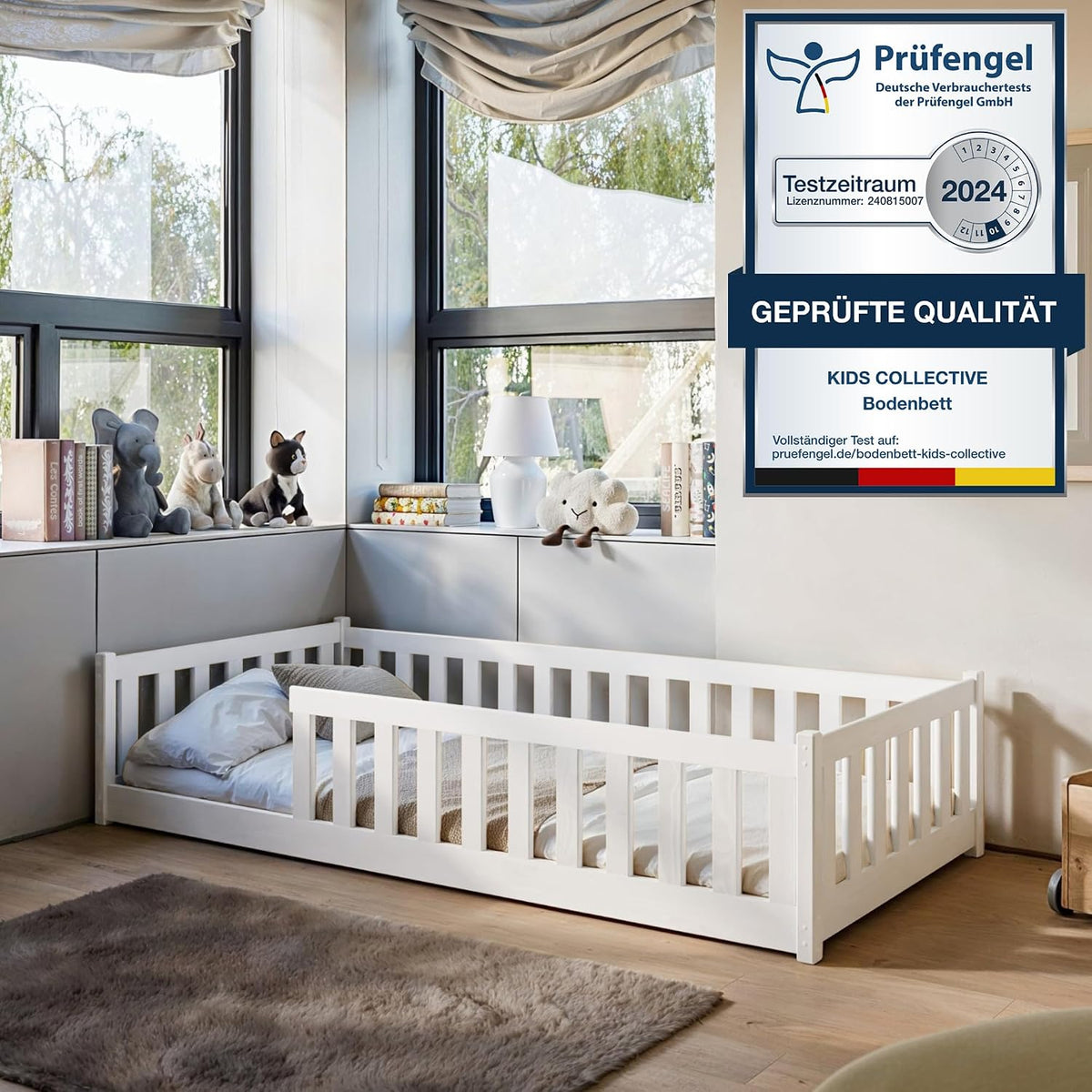 Kids Collective Kinderbett Bodenbett 80x160 cm mit Rausfallschutz & Lattenrost Montessori Bett Bed Gitterbett Kinder Jugendbett Einzelbett