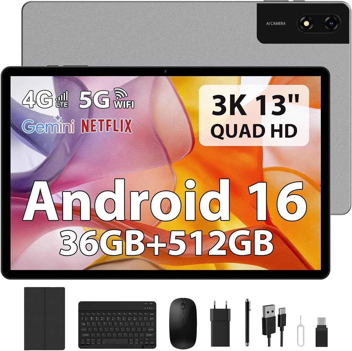 FLYCOAY Android 16 Tablet 13 Zoll Octa-Core 2.2GHz, 11580mAh 18W PD/Widevine L1/13MP/ BT5.0/GPS, 36GB RAM+512GB ROM (2TB TF), Dual SIM 4G LTE+5G WiFi