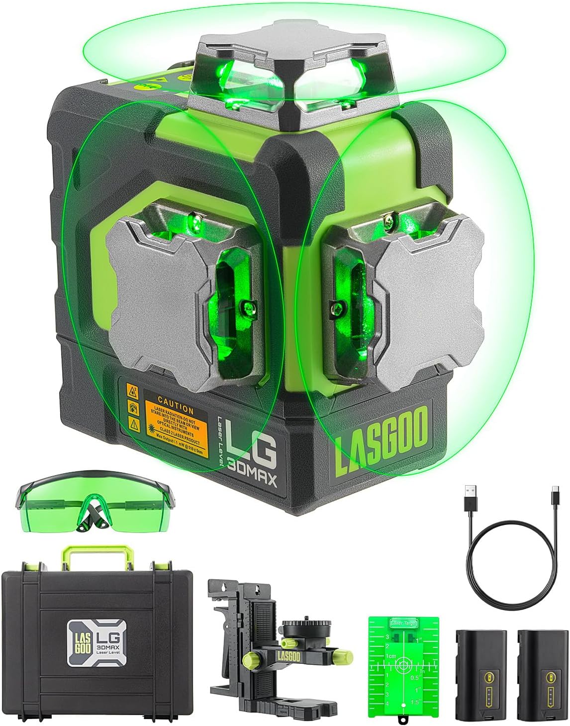 LasGoo LG-3DMAX 3x360° grüner Laser-Wasserwaage, 3D selbstnivellierend, 2 wiederaufladbare Batterien, Feinabstimmung Halterungsadapter