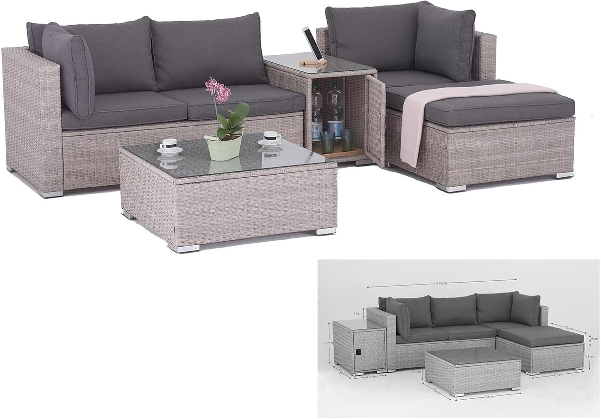 Rattan Polyrattan Lounge Sitzgruppe Garnitur Gartenmöbel aus 3 Sitzer Sofa, Tisch mit Stauraum und Abstelltisch mit Glassplatte, Hocker