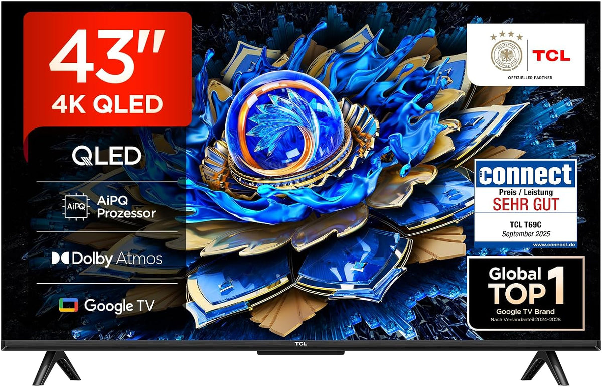 TCL 43T69C 43 Zoll QLED, Kompatibel mit Google Assistant & Alexa), Direct LED TV, 4K HDR TV, Smart Google TV (Dolby Vision & Atmos, Game Master