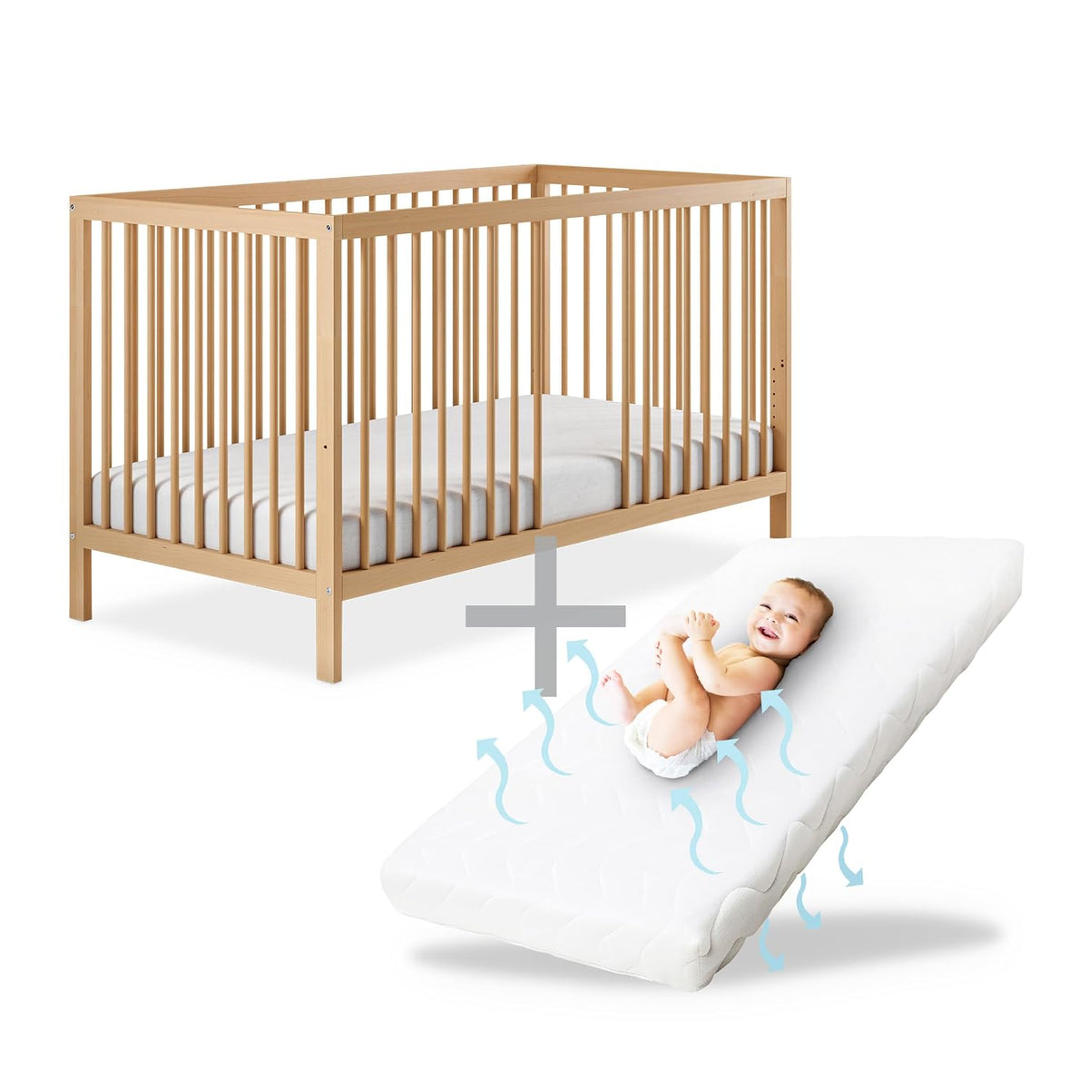 Ehrenkind Babybett PUR inkl. Matratze 140x70 aus Natur Buchenholz