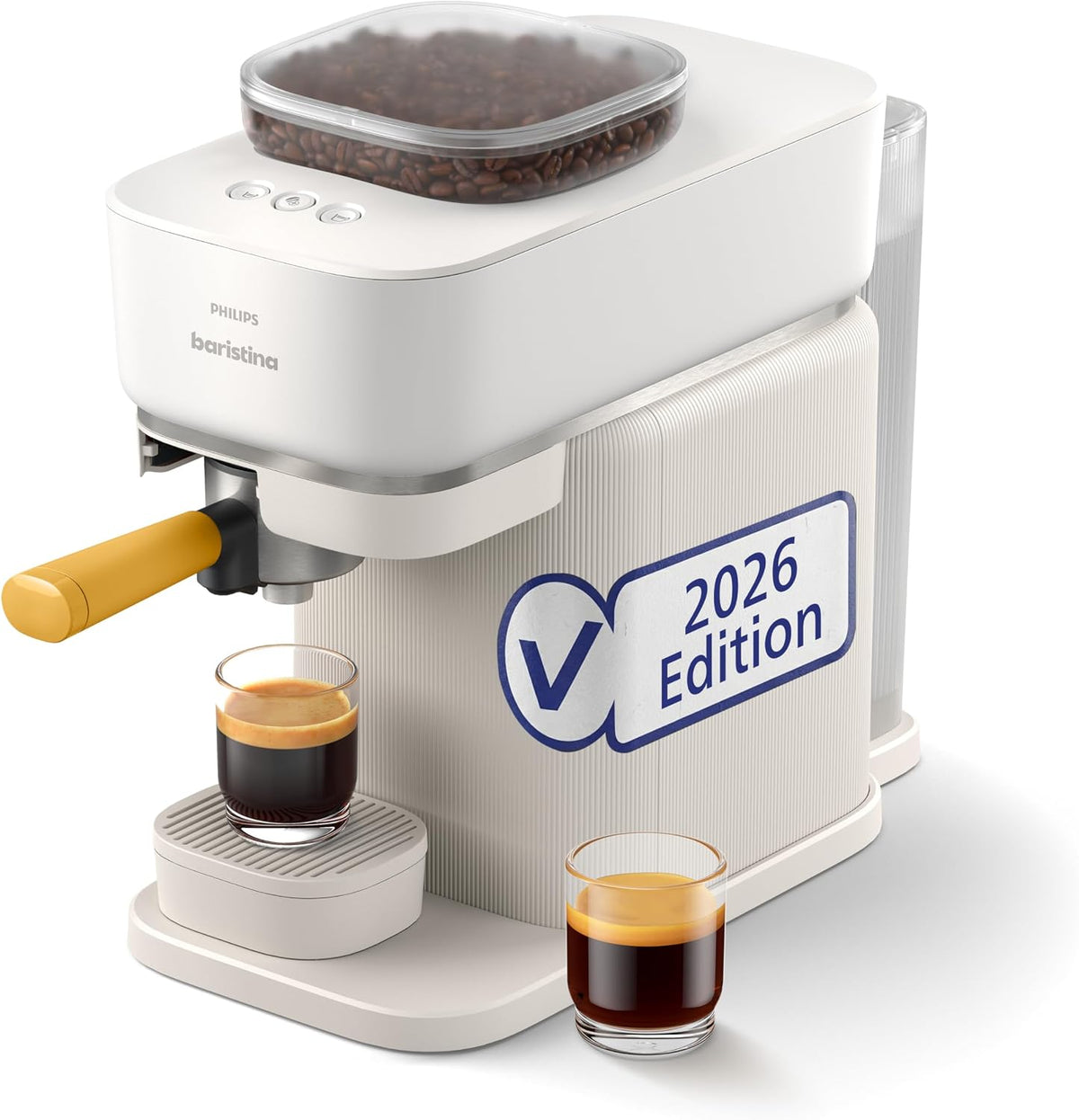 Philips Baristina Espressomaschine, Kaffeemaschine mit Mahlwerk & Siebträger, Naturweiß/Mangogelb (BAR305/03), Automatisches Mahlen, leichte Reinigung