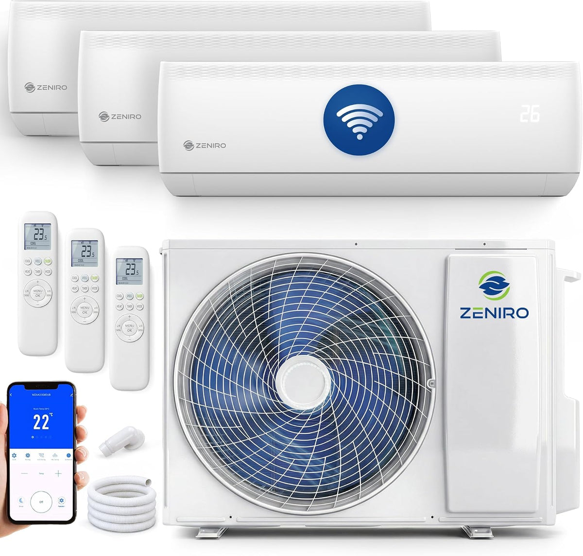 Multi Split Klimaanlage 3 Innengeräte Set (3 x 2,6kW) Klimagerät Air Conditioner mit Heizfunktion 21000 BTU 6,2kW A++ WiFi/App-Steuerung 4D AirFlow