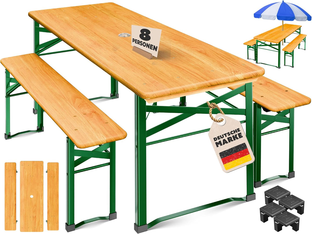 KESSER Bierzeltgarnitur 3-TLG., 170x46x75cm, 12-TLG. Bodenschoner, Biertisch mit 2 Bierbänken, Festzeltgarnitur klappbar, Gartenmöbel Set Holz, stabil