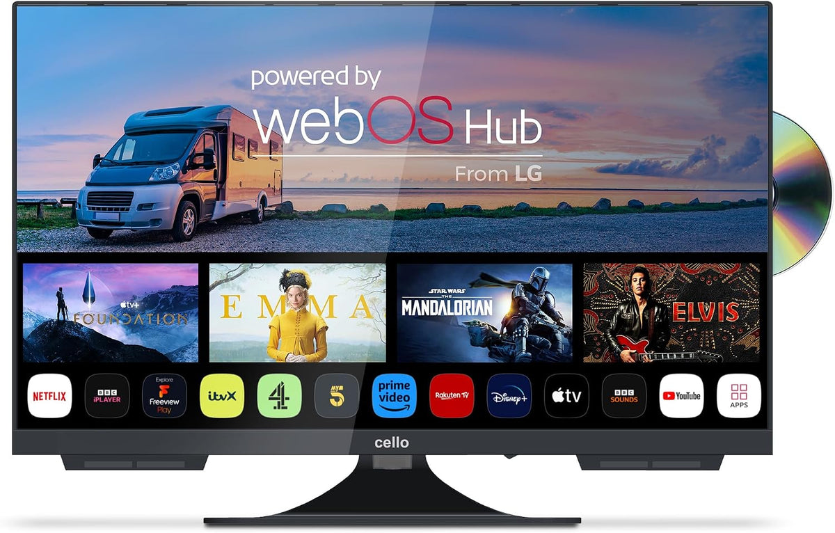Cello C2425WSF Trav 24' 230V 12V Full HD SMART/DVD Camping Reise TV integrierter DVD Player Rahmenlos Triple Tuner Bluetooth WebOS by LG Pitch Perfect