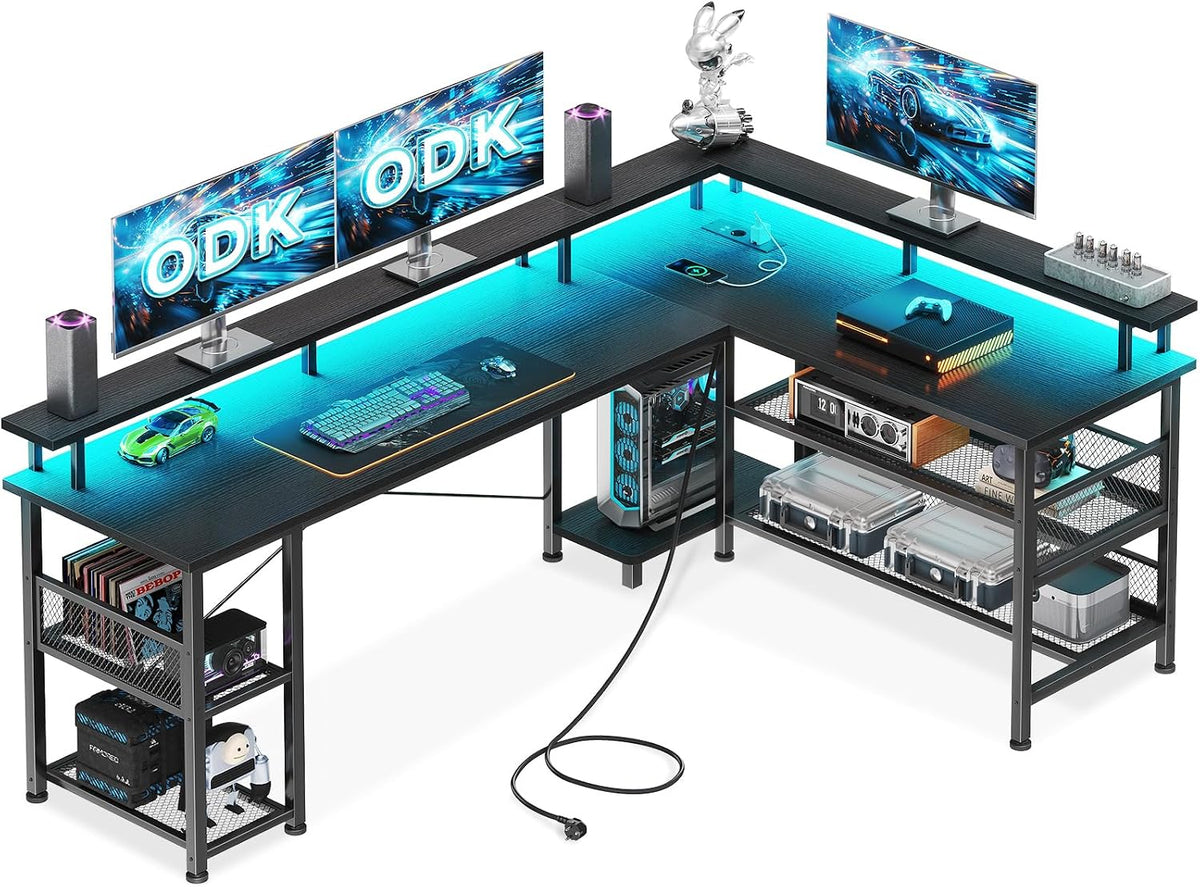 ODK Gaming Eckschreibtisch mit LED und Steckdose, 168×120 cm, Schwarz