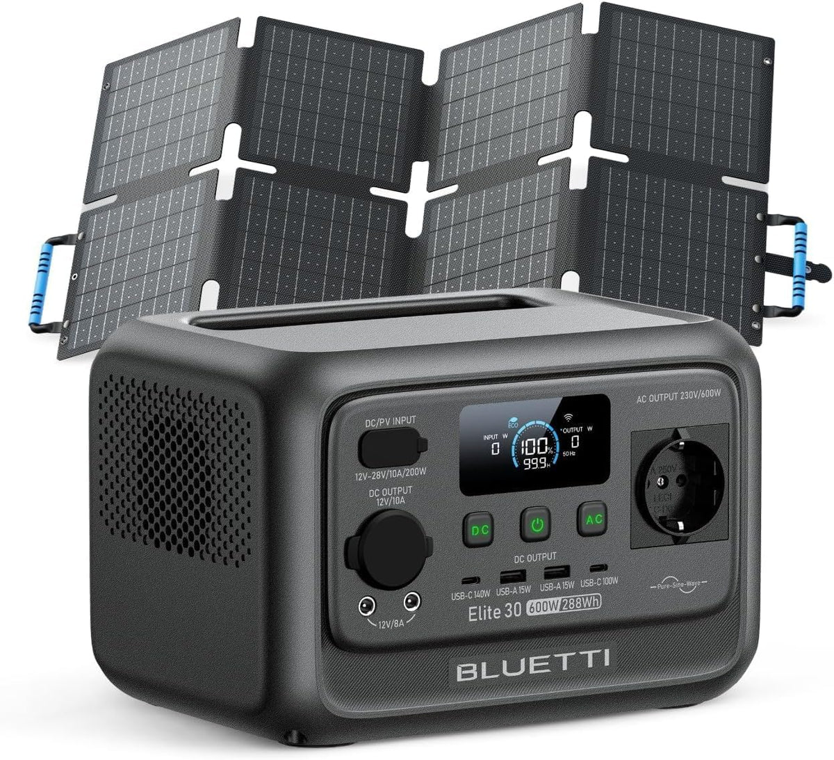 BLUETTI Elite 30 V2 Tragbare Powerstation mit 60W Solarpanel (Separat versandt), 600W AC Ausgang (1500W Power Lifting), 288Wh LiFePO4 Solargenerator