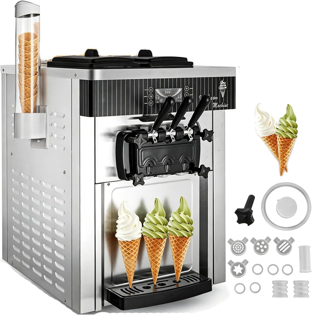 Kommerzielle Eismaschine, Café (8218T), Gewerbliche Eiscrememaschine mit 3 Aromen & 2 x 6L & LED-Panel, 20–28 L/h 2200 W, für Restaurant