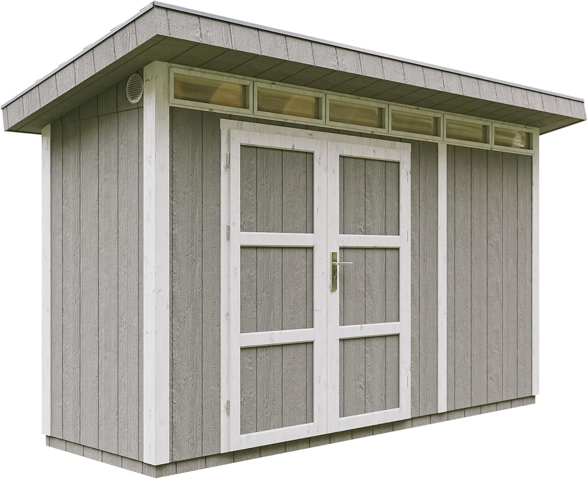 Gartenhaus Premium Qualität 4,3m², L161xW411cm- All-Inclusive-Set mit Boden, M902A Tundra Grey, Bitumen-Dachziegeln
