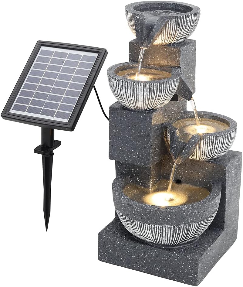 BTGGG Solarbrunnen für Draussen, 4-Stufiger Springbrunnen Solar mit LED Beleuchtung, Solar Springbrunnen für Außen, Terrasse, Balkon Deko