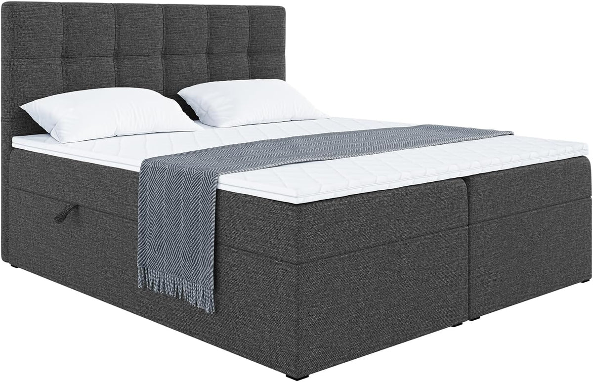 MEBLINI Boxspringbett mit Bettkasten, Gepolstert Doppelbett mit Matratze und Topper, Bett mit Kopfteil, 140x200, H3/Dunkelgrau Webstoff, Stauraumbett