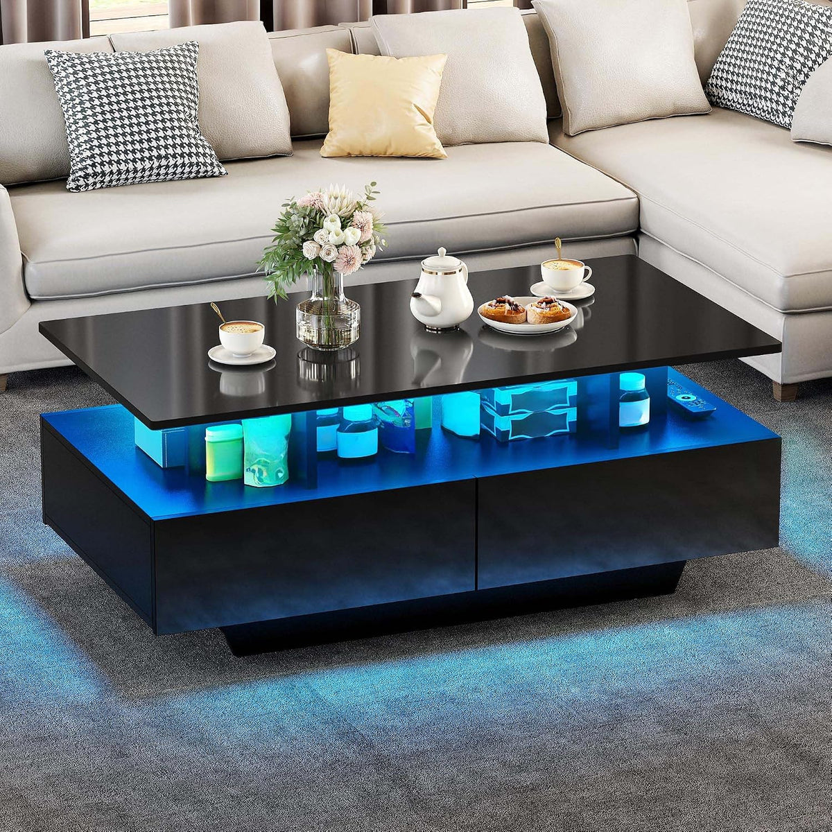 YITAHOME Couchtisch Schwarz, Beistelltisch Schwarz mit Offenem Ausstellungsregal und 4 Ausziehbaren Schubladen 90x55x41,1 cm, 16-Farbiger