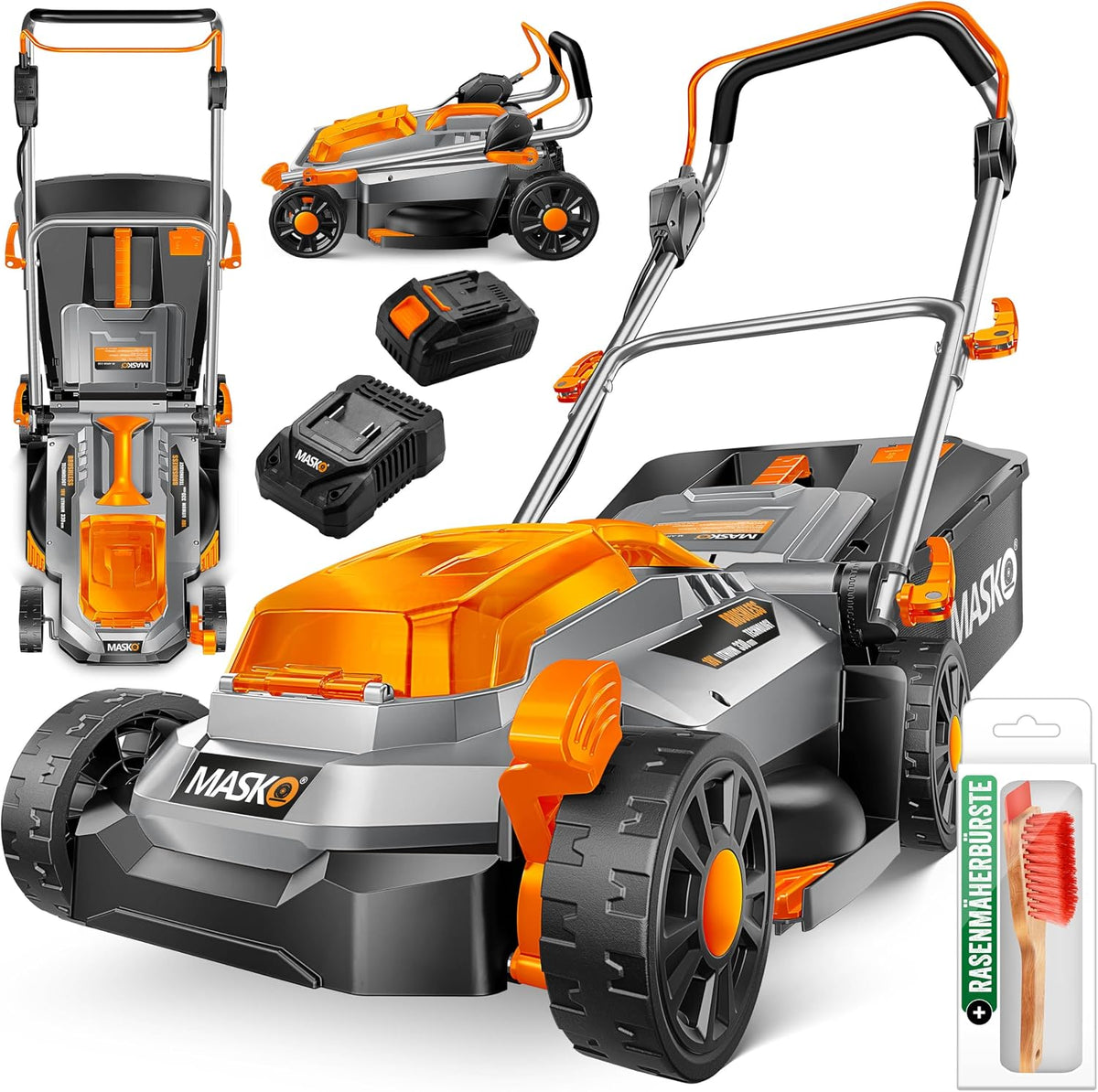 MASKO Akku Rasenmäher mit Mulchfunktion, Akku Li-Ion Batterie 4Ah & Ladegerät Rasentrimmer 33cm Schnitt-Breite 5X Höhenverstellbar 30L Fangkorb