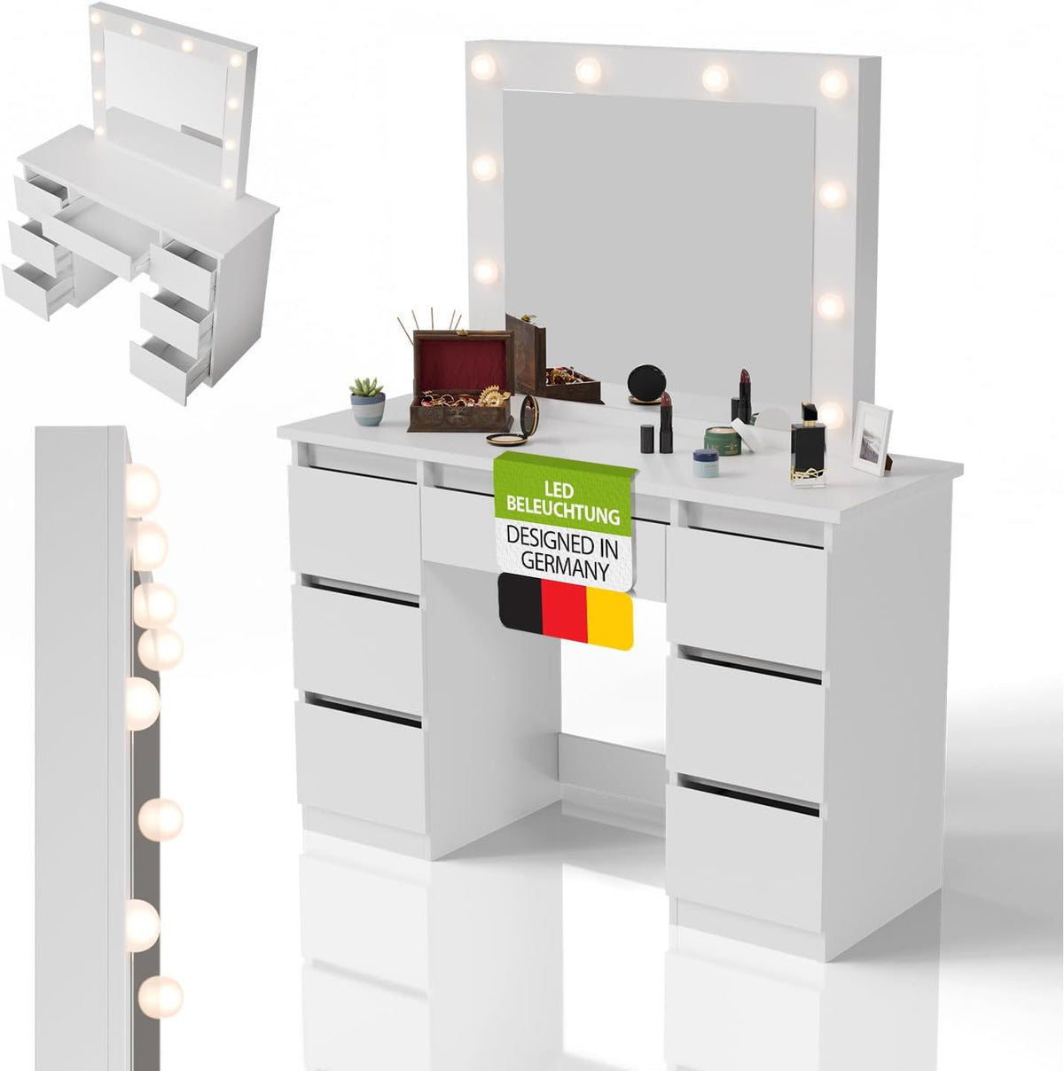 Juskys Schminktisch Talea mit LED-Spiegel, 7 Schubladen, individuelle Lichteinstellung, viel Stauraum, modernes Design, kompakt & pflegeleicht, Weiß