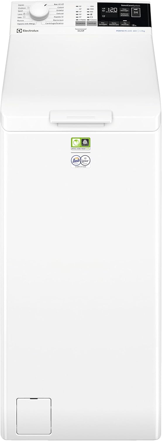 Electrolux 600 Waschmaschine mit Toplader, EW6T437A, 7 kg, 600 x 400 x 890 mm, LCD-Display mit Touch-Steuerung, Klasse A, SensiCare-Technologie, Weiß