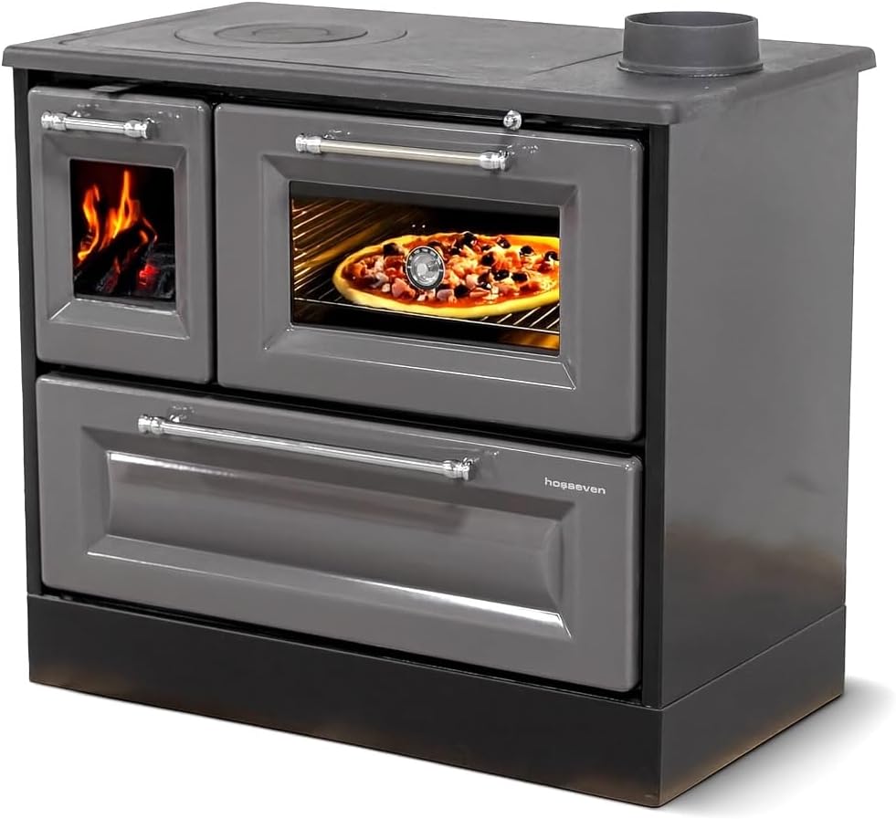 Kaminofen mit Backfach und Herdplatte 4012 Grau Holzofen 8 kW Holz Ofen Mehrfachbelegung Kamin Heizofen Küchenherd