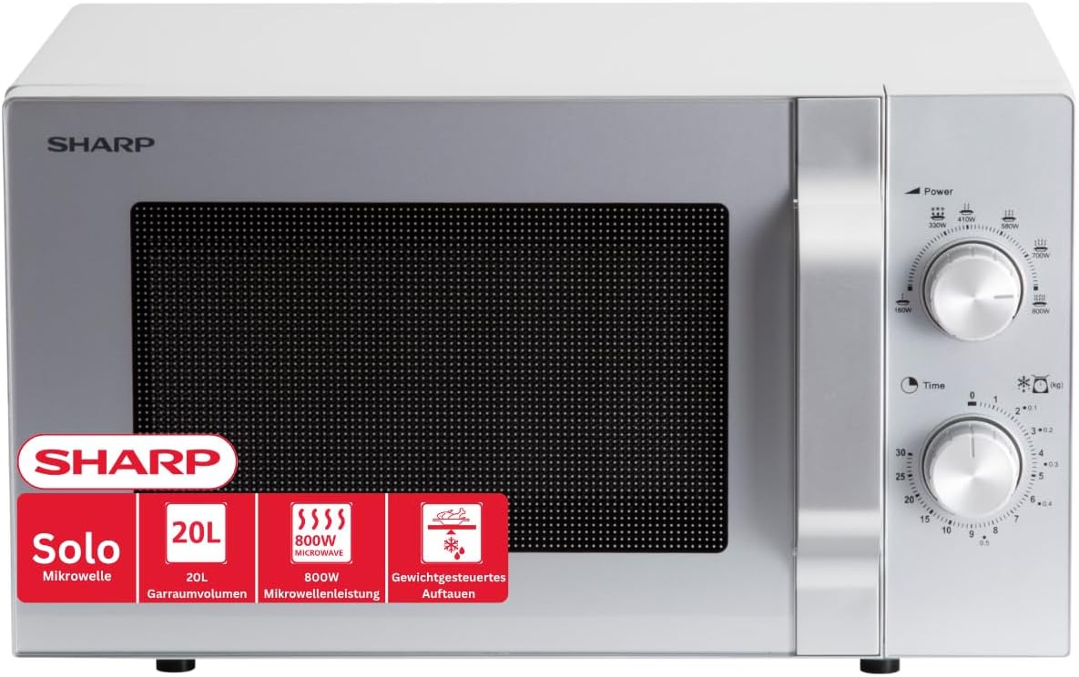 Sharp R204S Solo-Mikrowelle/ 20 L/ 800 W/ 6 Leistungsstufen/Zeitschaltuhr von 30 Minuten bis 00 Sekunden/Gewichtgesteuertes Auftauen/Glasdrehteller