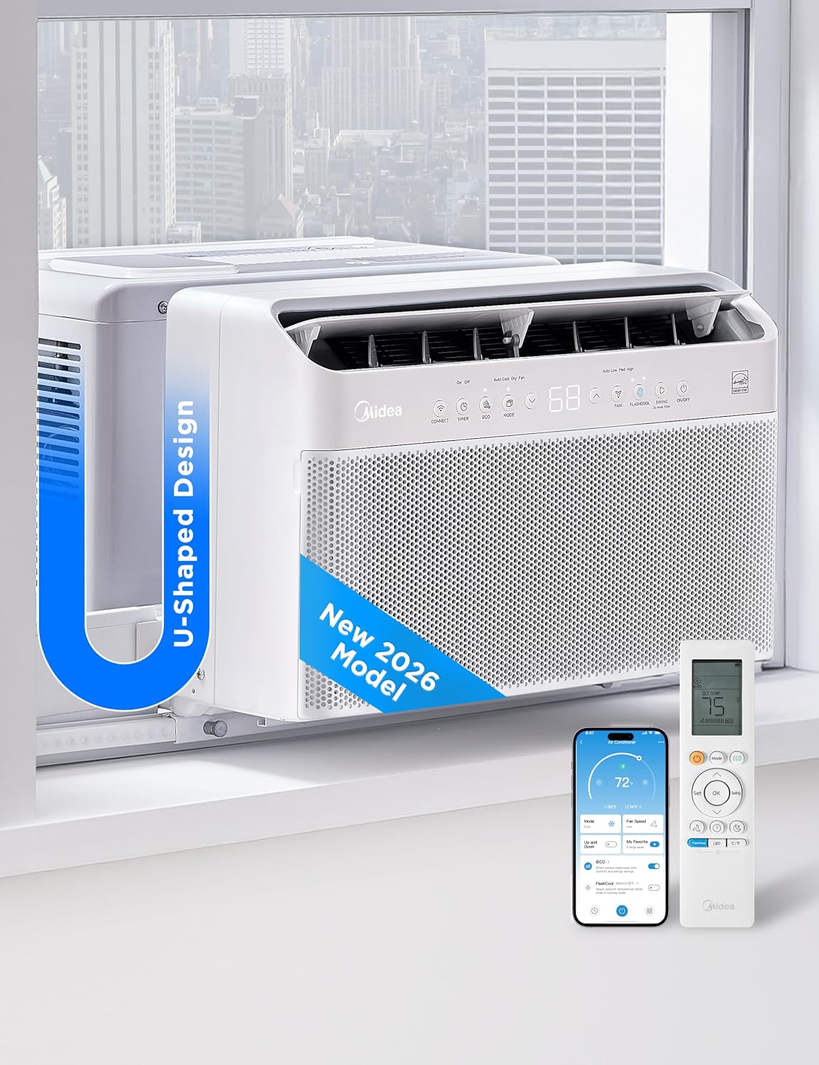 Midea 8,000 BTU U Shaped Smart Inverter Window Air Conditioner, Cools 350 Sq Ft, Ultra Quiet with Open Window Operation, 37% Energy Savings
