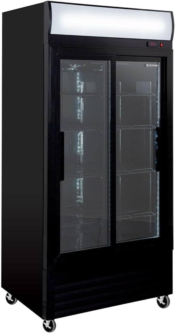 GastroHero Getränkekühlschrank Eco 630 mit Leuchtaufsatz & Schiebetüren, 630L Volumen, für Gastronomie & Gewerbe, 8 verstellbare Böden, Glastür