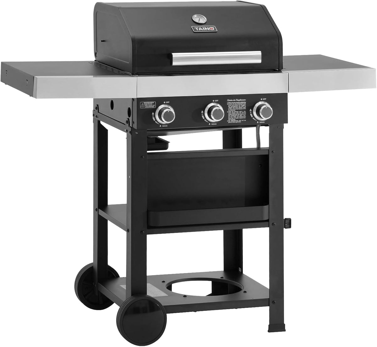 TAINO WABAYA 3+0 Gasgrill Grillwagen 3 Brenner Keramik Sear-Burner Piezo-Zündung Thermometer Warmhalterost Schwarz Matt