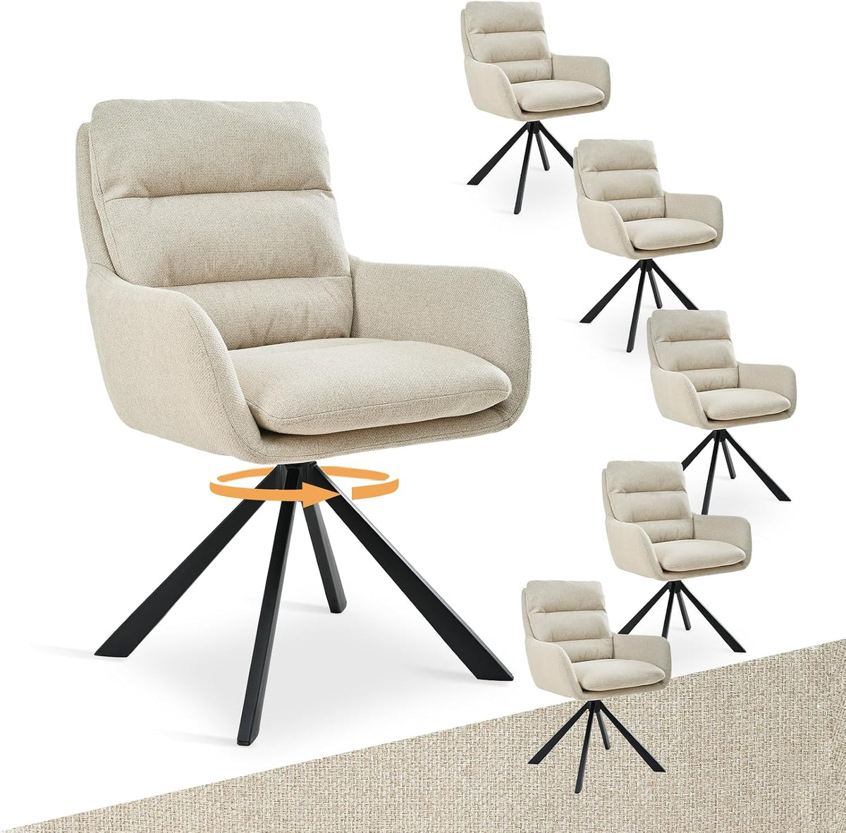 Esszimmerstuhl Drehbar 6er mit Armlehne, Beige, 360° Drehbarer Einzelstuhl mit Doppelter Rückenlehne und Abnehmbarem Sitzkissen