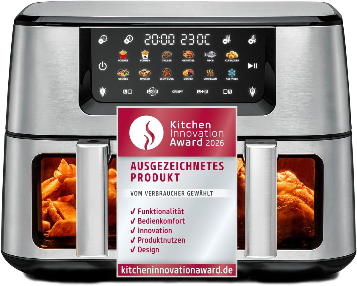 ROMMELSBACHER Doppel Heißluft Fritteuse FRH 2650, 2 Körbe à 5,5 Liter, 40 bis 230 °C, 12 Programme, Sichtfenster, Innenraumbeleuchtung, PFAS-frei