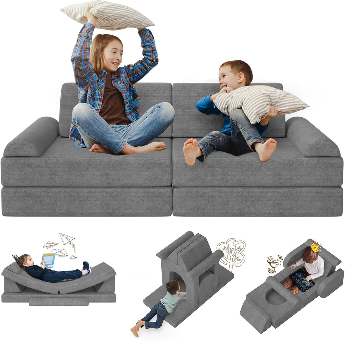 Modular Kids Play Couch 10PCS, Convertible Kids Sofa & Toddler Play Couch with DIY Foam Pieces for Imaginative Play, Bedroom, Nursery & Living Room
