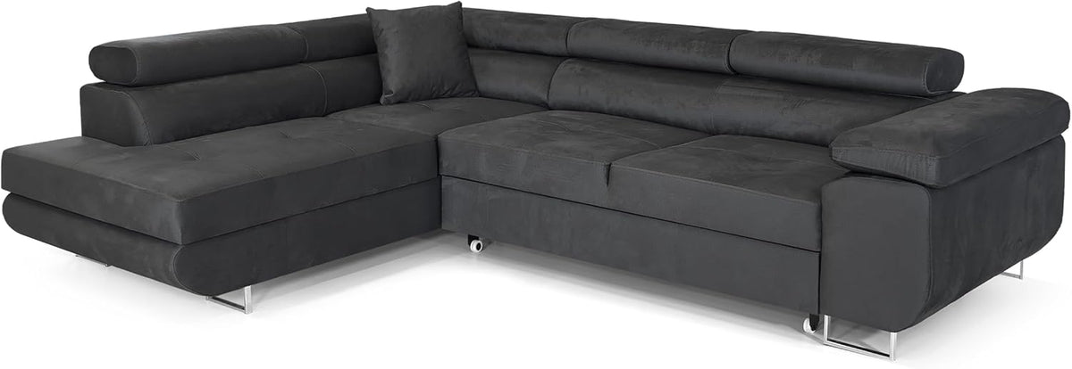 Ecksofa mit Schlaffunktion PASTI L-Form, Sofa Couch mit Bettkasten, Big Sofa Couch mit Schlaffunktion (Dunkelgrau, 3-Sitzer Eckcouch, Ottomane Links)