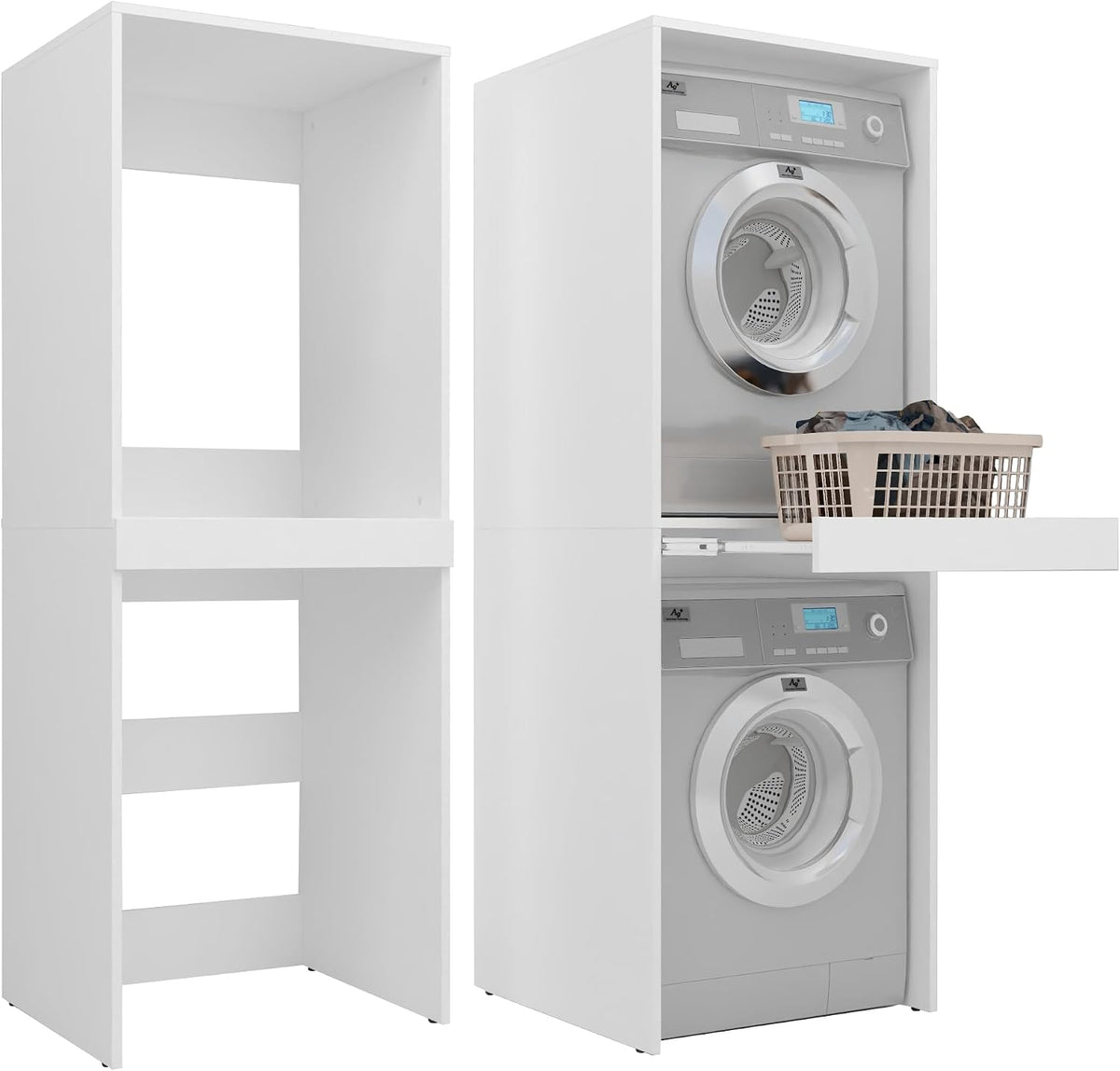 Waschmaschinenschrank Luna für Waschmaschine Trockner Badezimmerregal 183,7x65x66 cm Ausziehbarer Regalboden Waschmaschinenüberbau Hochkant 18mm