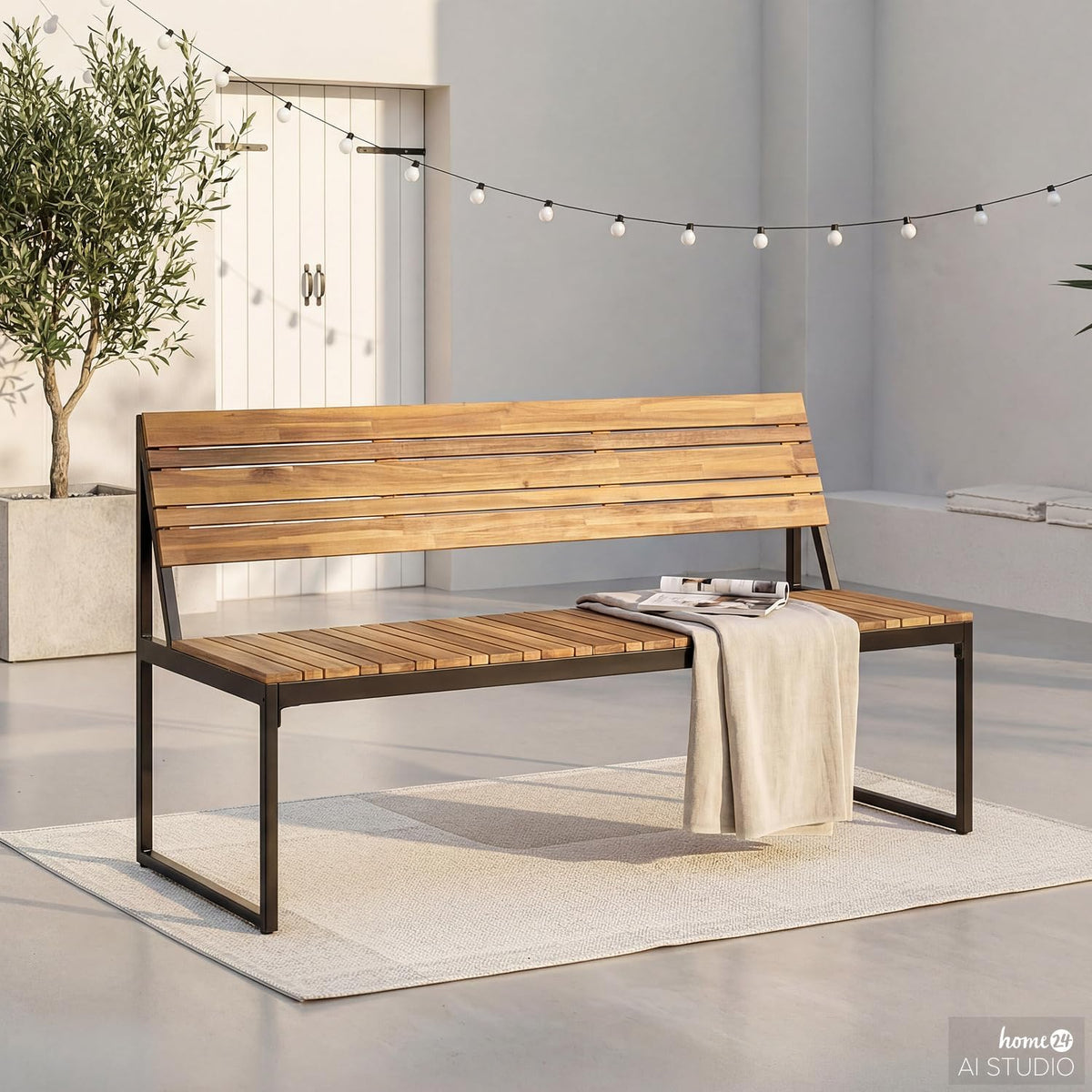 home24 Gartenbank Stahl Akazie Schwarz Braun 50 x 150 x 83 cm