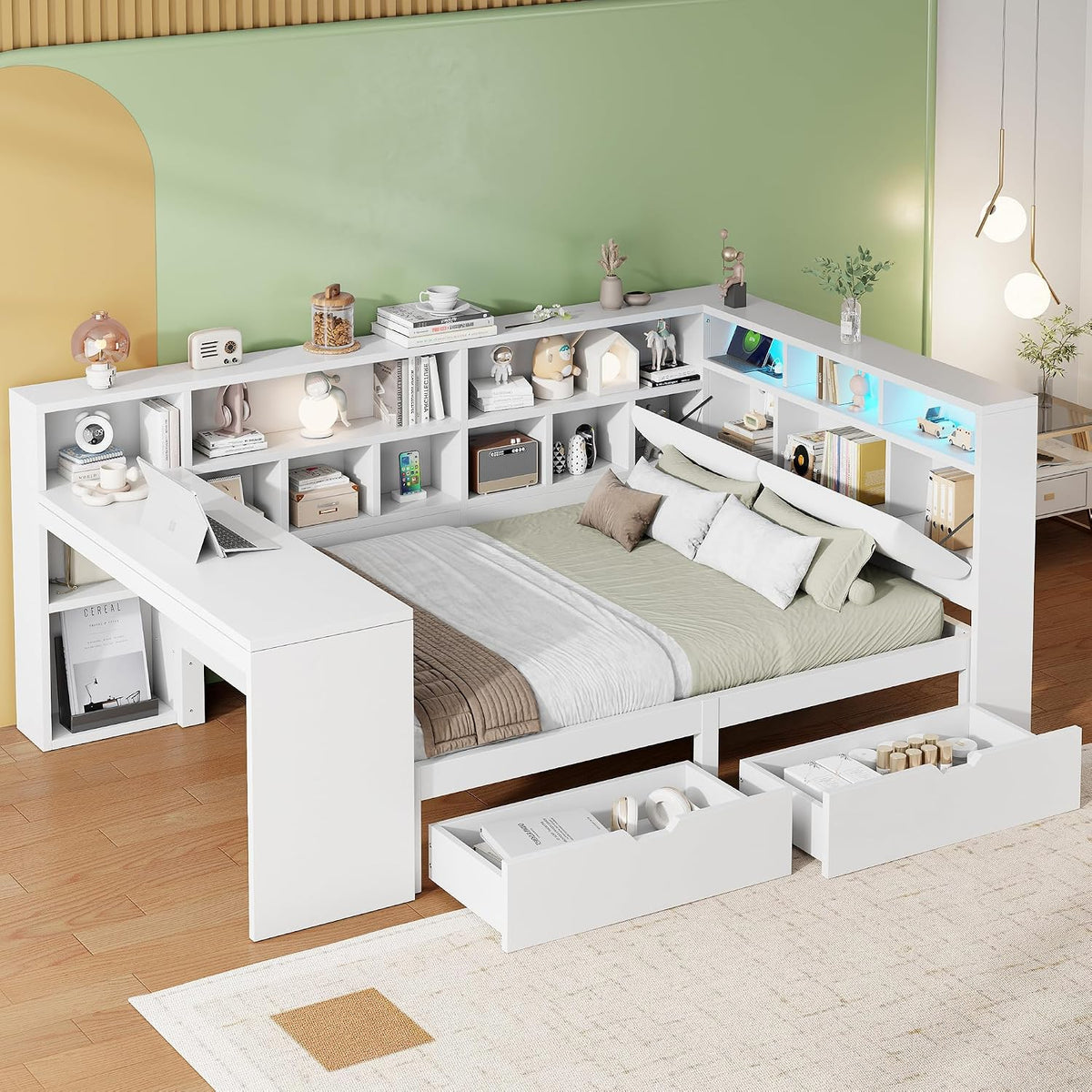 Kebnor L-förmiges Holz-Plattformbett mit Schreibtisch und Bücherregal, Schubladen unter dem Bett, Weiß (140x200cm), LED-Licht