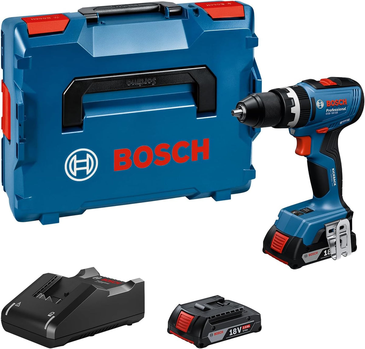 Bosch Professional 18V System Akku-Bohrschrauber GSB 18V-65 (bürstenloser Motor, Ladegerät GAL 18V-20), inkl 2x Akku GBA 18V 2.0Ah
