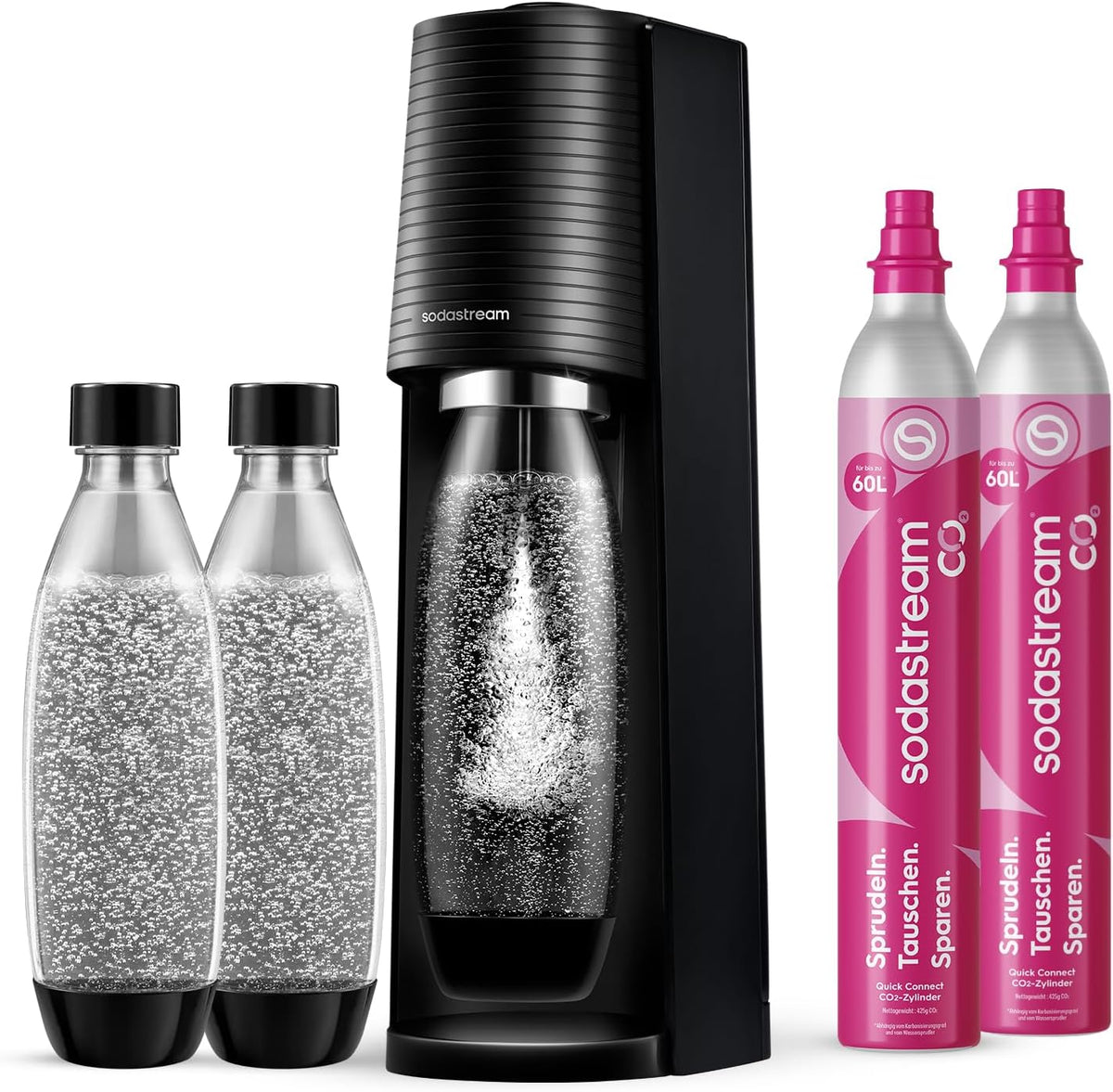 Sodastream, mit 2x 60L CO2-Zylinder, 3x BPA-freie 1L Flasche, Terra Wassersprudler, Quick Connect Zylindersystem, spülmaschinengeeignet, schwarz