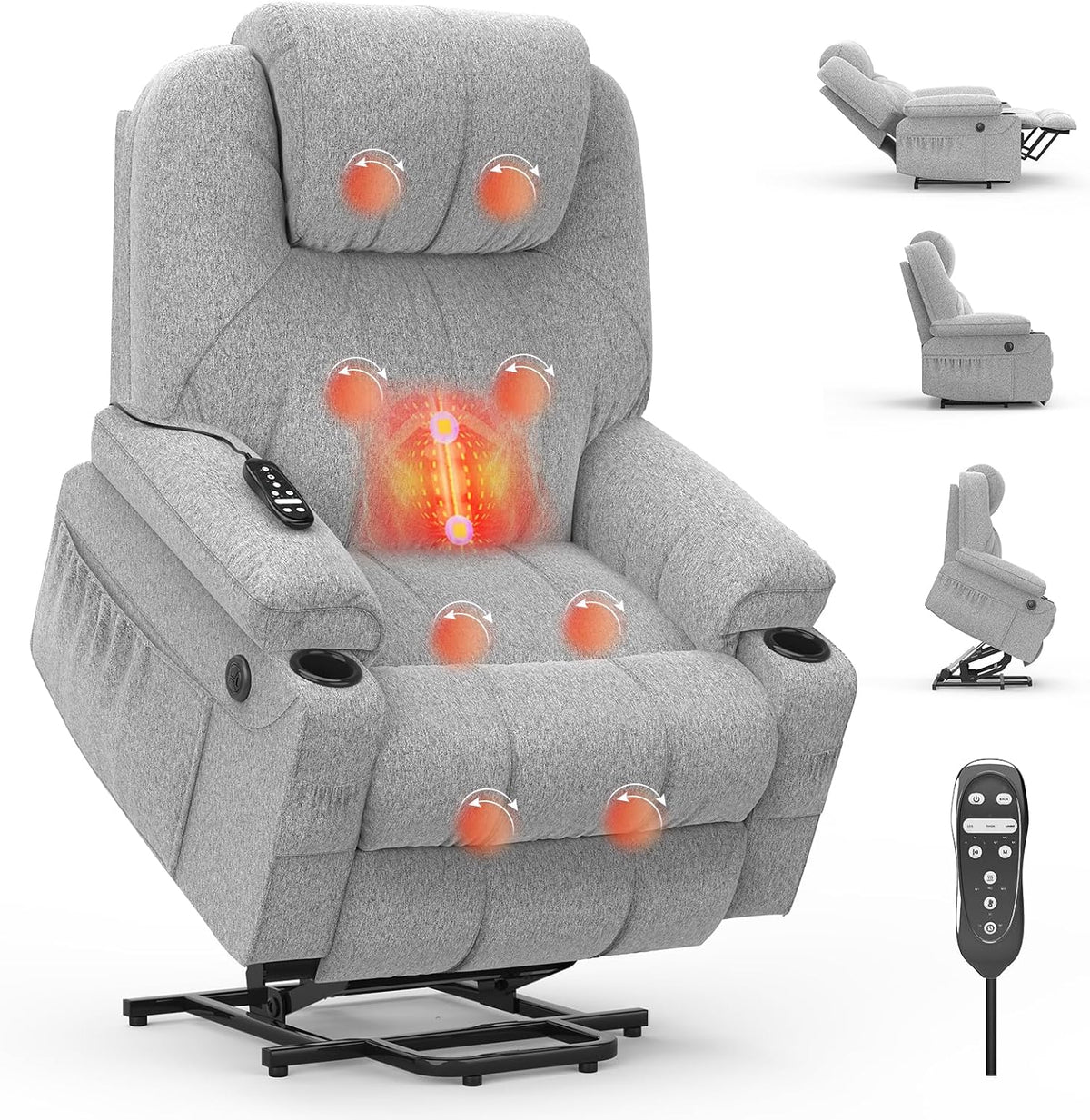 Relaxsessel für ältere Menschen, Power-Liegestuhl mit Massage und Wärme, verlängerte Fußstütze, Typ C + USB-Anschlüsse, 2 Getränkehalter, Liegestühle