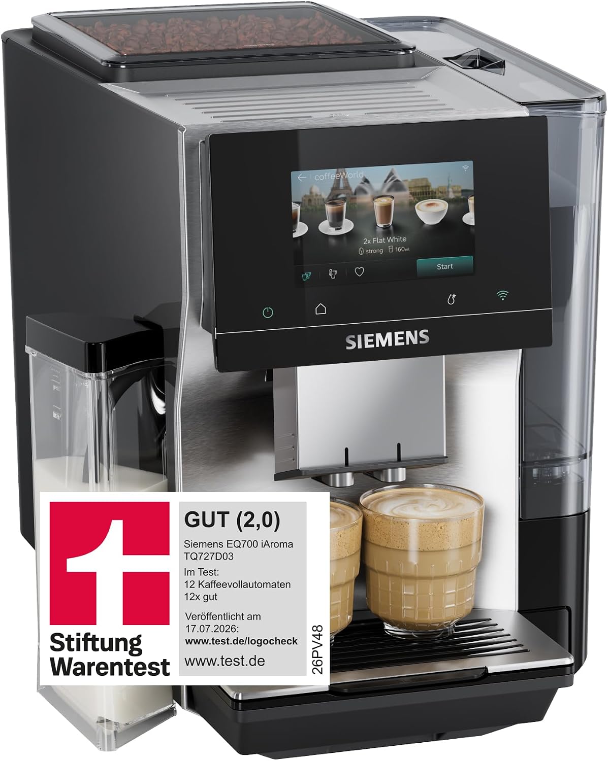 Siemens Kaffeevollautomat EQ700 iAroma, TQ727D03, Full-Touch-Display, integrierter Milchbehälter, Tassenwärmer, Cold Brew und Slow Brew