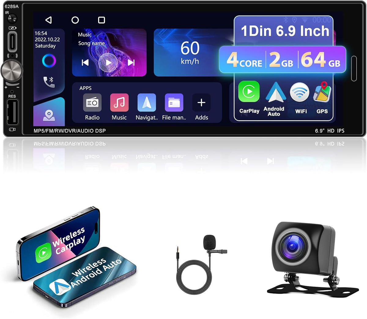 2GB+64GB 1 Din Autoradio mit Kabellosen CarPlay Android Auto, 6,9 Zoll Bildschirm Touchscreen Android