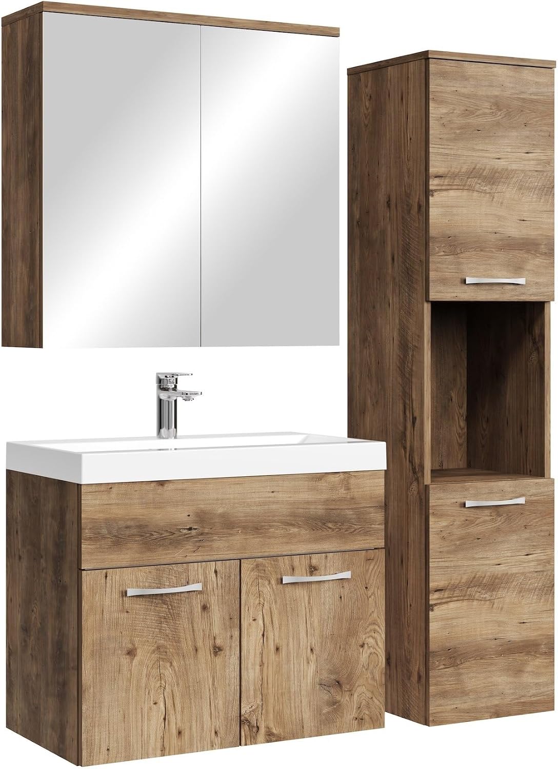 Badplaats Badmöbel Komplettset Montreal 60 x 35 cm Braun Eiche, Badezimmermöbel mit Waschbecken, Spiegelschrank und Badezimmerschrank