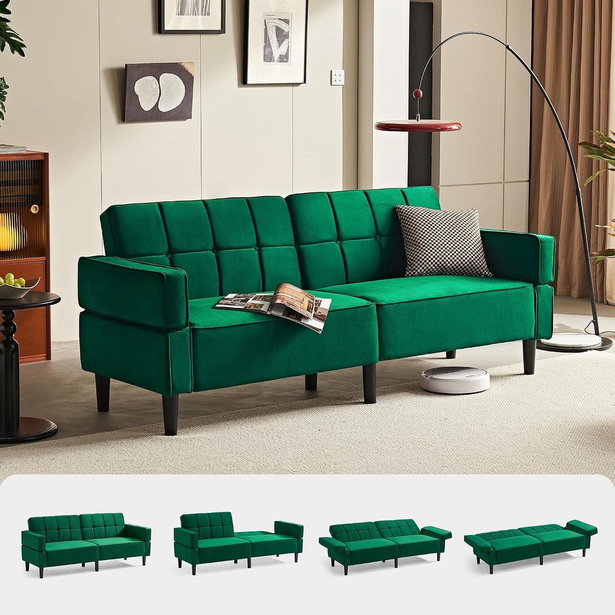 LINSY HOME Sofa mit Schlaffunktion, 230 x 100 cm Liegefläche, 3 Sitzer Sofa mit Bettfunktion aus Samtstoff, für Wohnu (Grün)