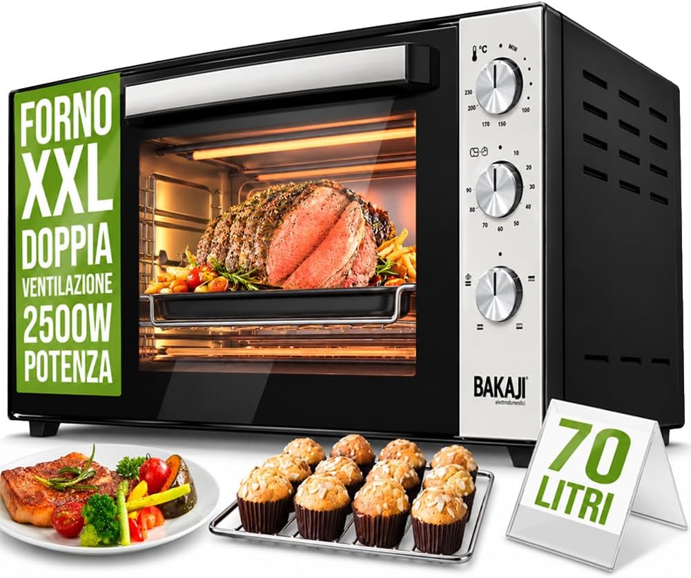Bakaji Elektrischer Ofen mit Umluftfunktion, 70 Liter, 2500 W, bis 250°C, Timer-Funktion