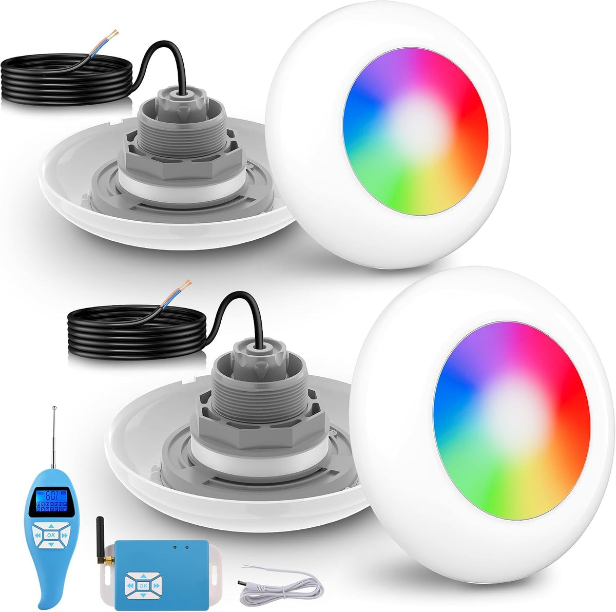 LyLmLe LED Poolscheinwerfer mit Außengewinde 2', 15W RGB Poolbeleuchtung mit Controller & Fernbedienung, Ø190mm, 2 Set