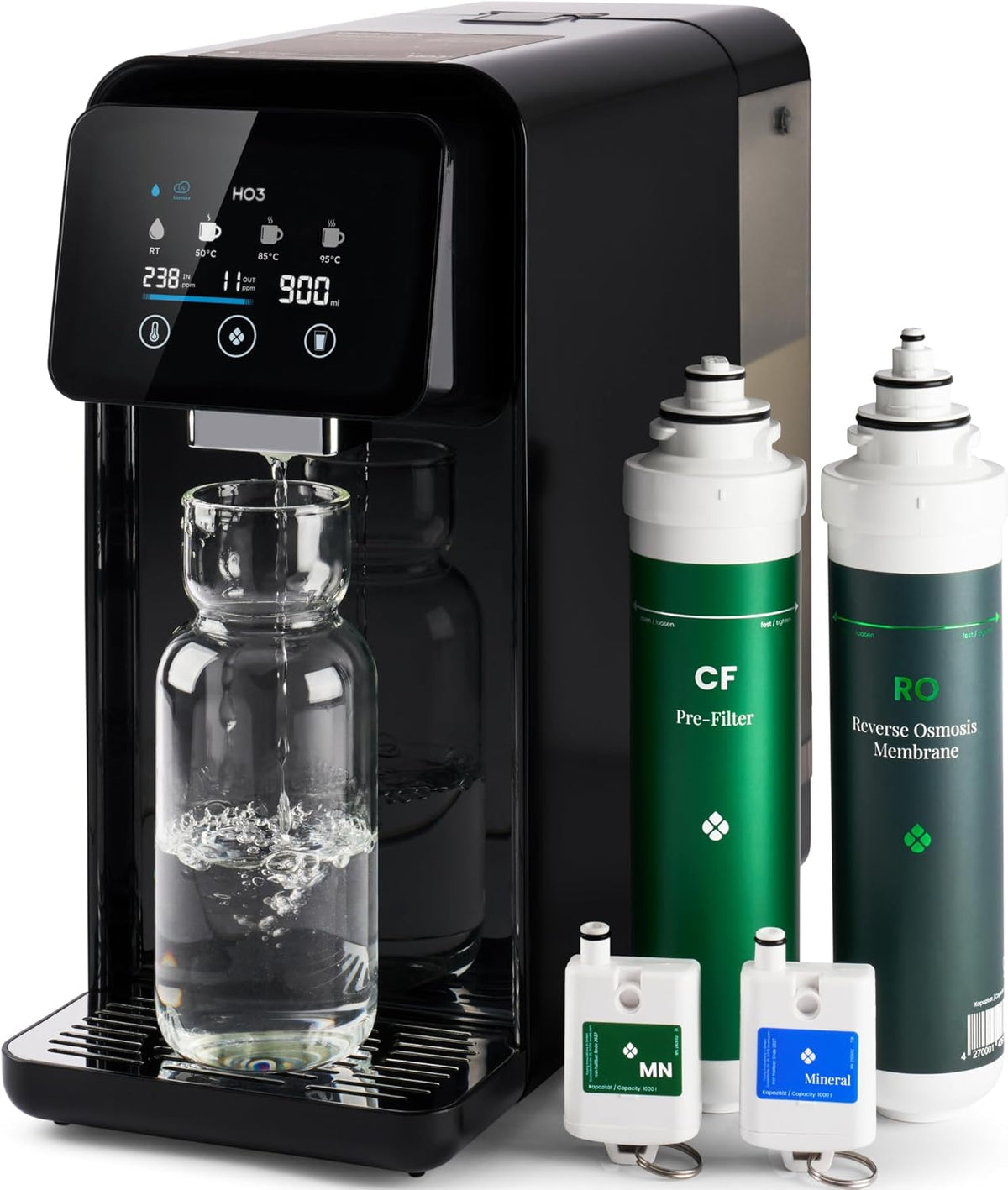 HO3 Home One Auftisch Osmoseanlage für Trinkwasser mit 4 Temperaturstufen (RT, 95°C), mit Echtzeit TDS, 50, 85, 10 Stufen Wasserausgabe