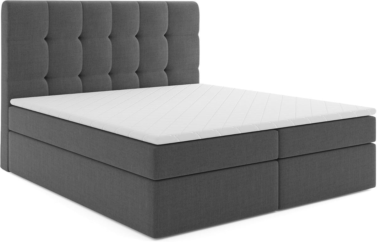 Boxspringbett mit Bettkasten KAROLINA 120 x 200 cm geflechtes Stoff Polsterbett mit Bonell-Matratze und Topper Doppelbett mit Stauraum Bett