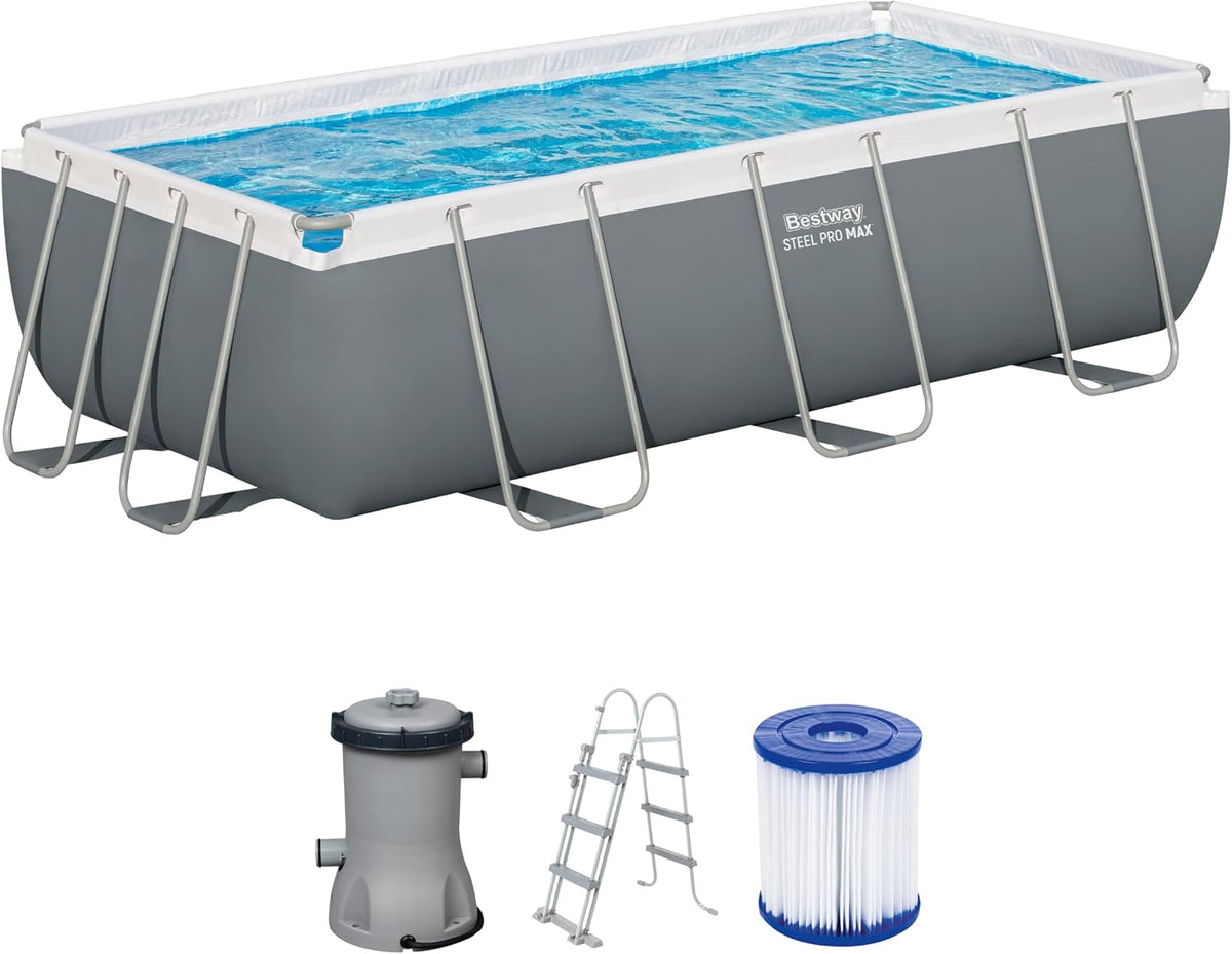 Bestway Power Steel Frame Pool Set mit Filterpumpe 404 x 201 x 100 cm, grau, eckig