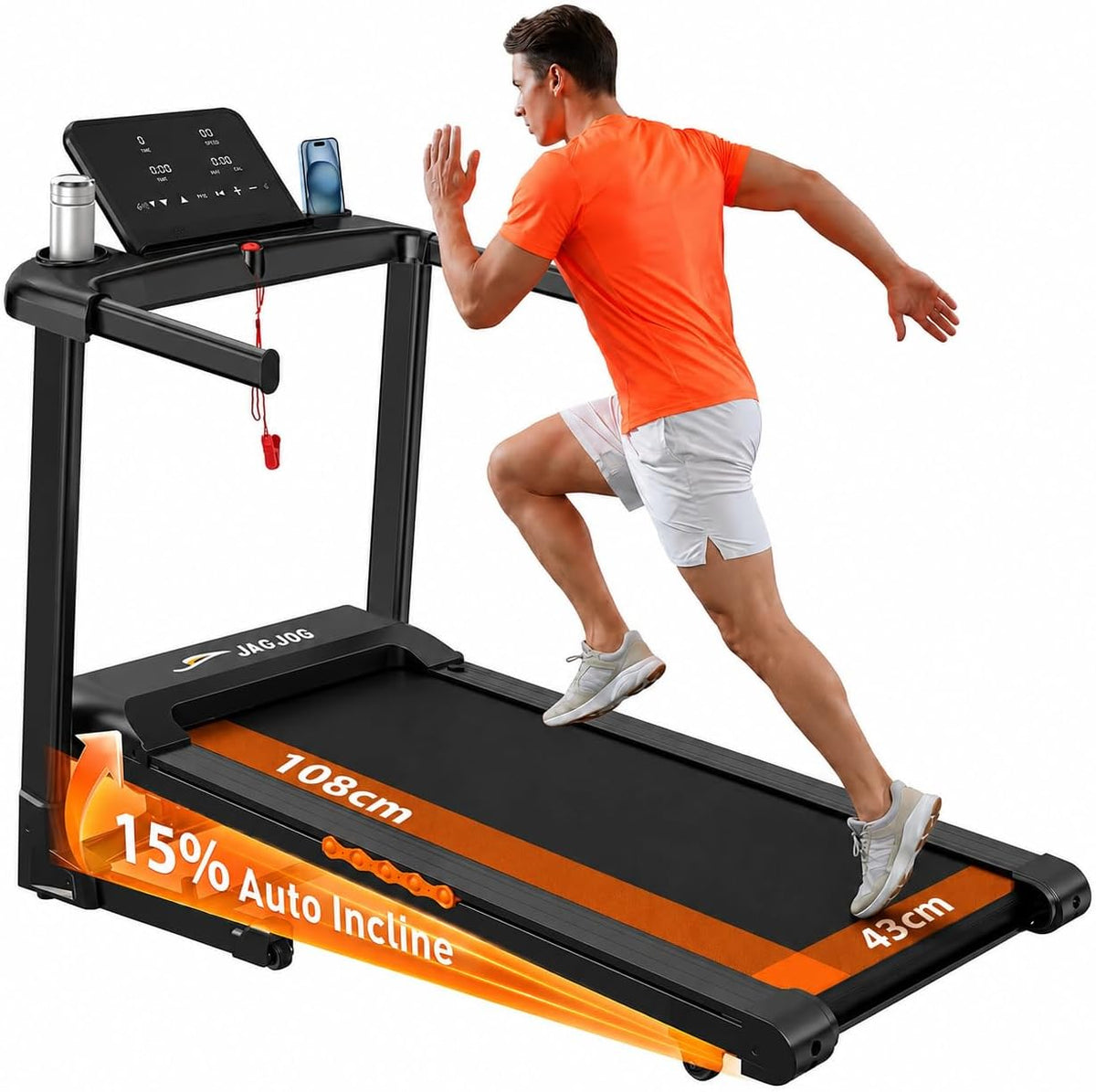 JAGJOG Laufband mit 1-14 km/h Geschwindigkeit für Flexibles Training, 3-PS-Motor, klappbar und bis 136 kg, 15% Auto-Steigung, 12 Programme