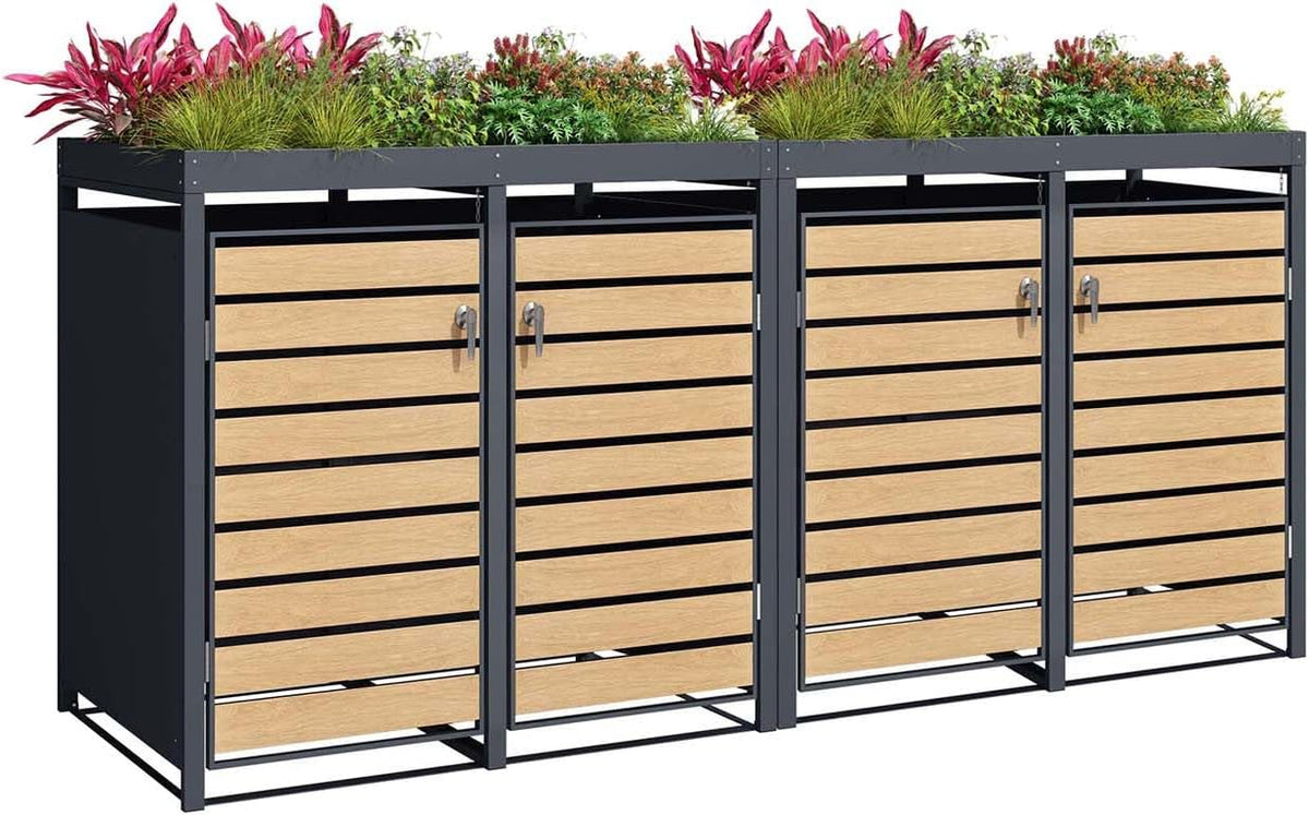 SCHARTEC Mülltonnenbox 4er anthrazit mit Holz-Design und Pflanzendach erweiterbar 240l Mülltonnenverkleidung mit Pflanzenkasten Mülltonnen Sichtschutz