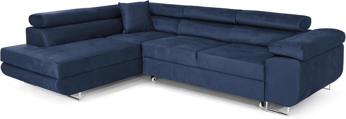 Ecksofa mit Schlaffunktion PASTI L-Form, Sofa Couch mit Bettkasten, Big Sofa Couch mit Schlaffunktion (Blau, 3-Sitzer Eckcouch, Ottomane Links)